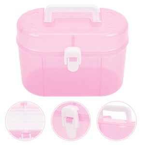 YARNOW Clear Double Layer Plastic Storage Box, 6. 9 x 4. 9 Inch Portable Handled Storage Case, Multipurpose Organizer with Removable Tray for Stationery Art Craft (Pink)