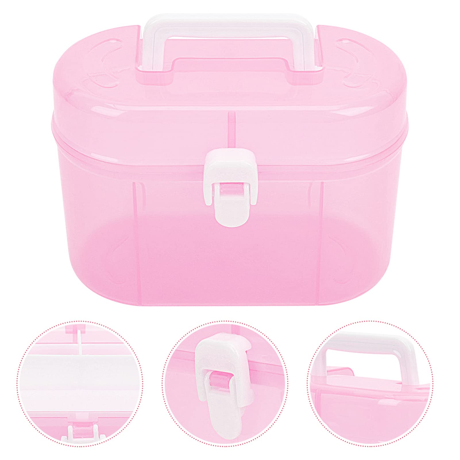 YARNOW Clear Double Layer Plastic Storage Box, 6. 9 x 4. 9 Inch Portable Handled Storage Case, Multipurpose Organizer with Removable Tray for Stationery Art Craft (Pink)