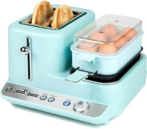 monik classic retro 3 in 1 breakfast station, 2 wide slot toaster with adjustable bake controls, 6 capacity egg boiler