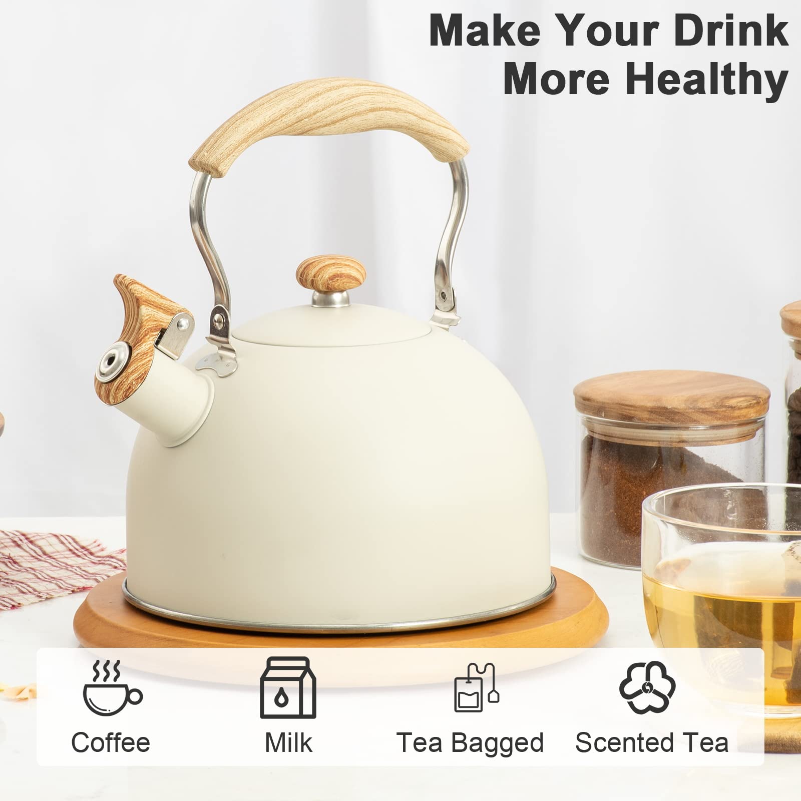 2.6 Quart/2.5 L Whistling Tea Kettles with Wood Grain adjustment Nylon Handle, Capsule Base Tea Kettle, White (White)