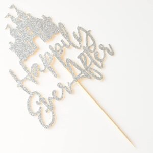 Happily Ever After with Castle Cake Topper Cinderella Castle Wedding Cake Decoor Engagement Bridal Shower Party Decorations Silver Glitter