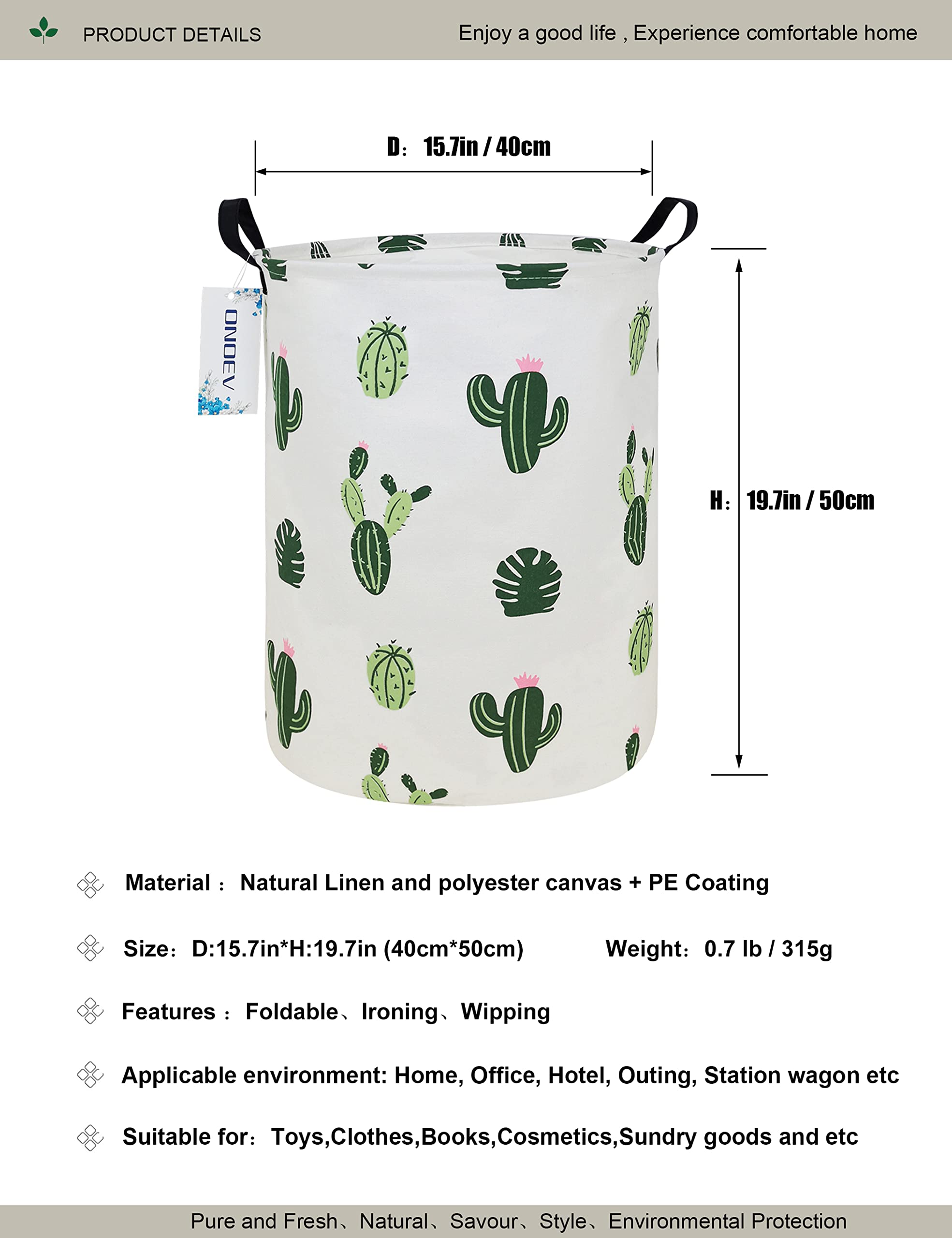 ONOEV Round Fabric Storage Bin,Decorative Basket,Organizer Basket with Handles,for Clothes Storage,books and sundries (Green Cactus), 19.7inch(H) x 15.7inch(D)