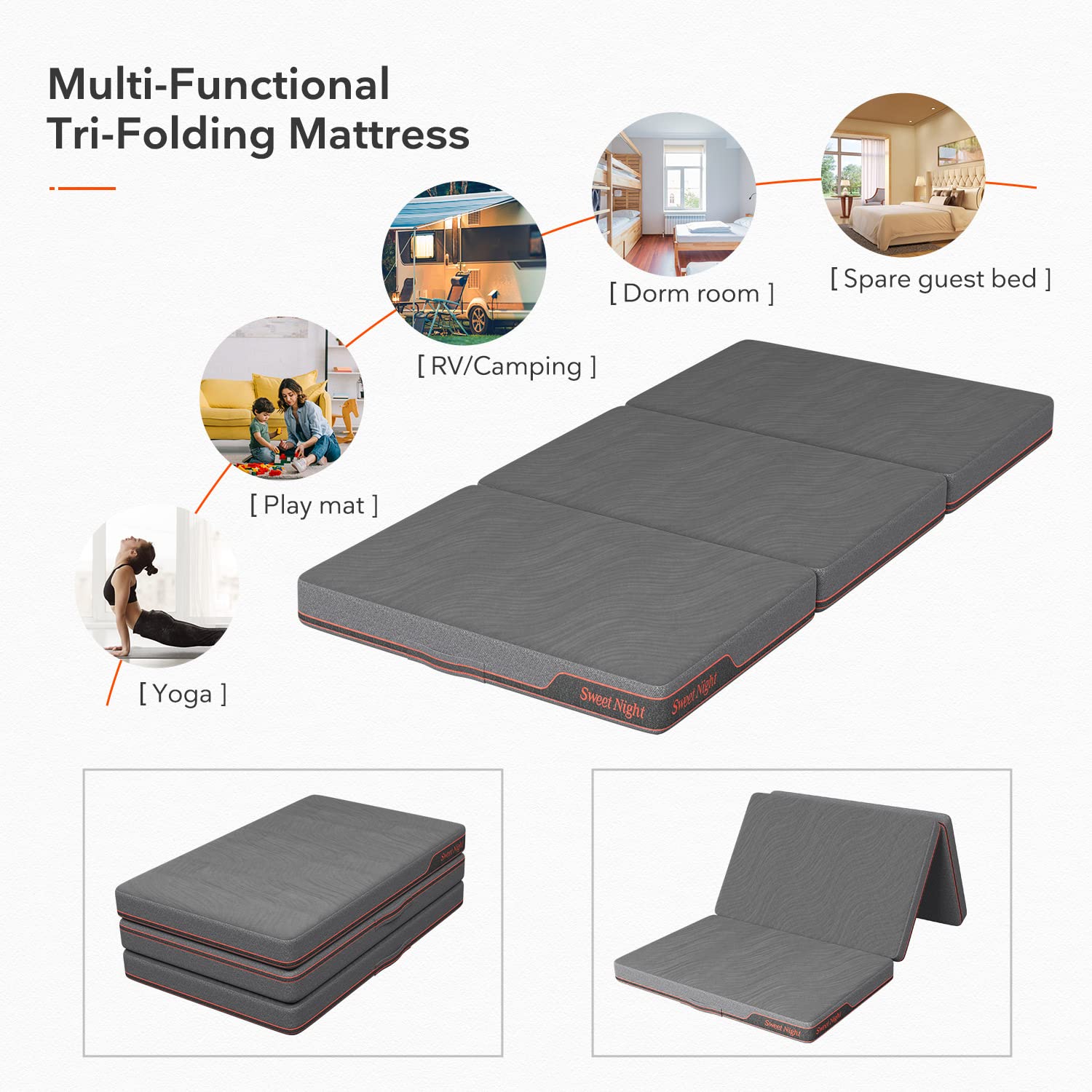 Sweetnight Folding Mattress Twin XL Size with Carry Bag,4-Inch Foldable for Travel, Camping, Guest - Breathable Mesh Sides & Portable , Compact and Easy to Storage Grey