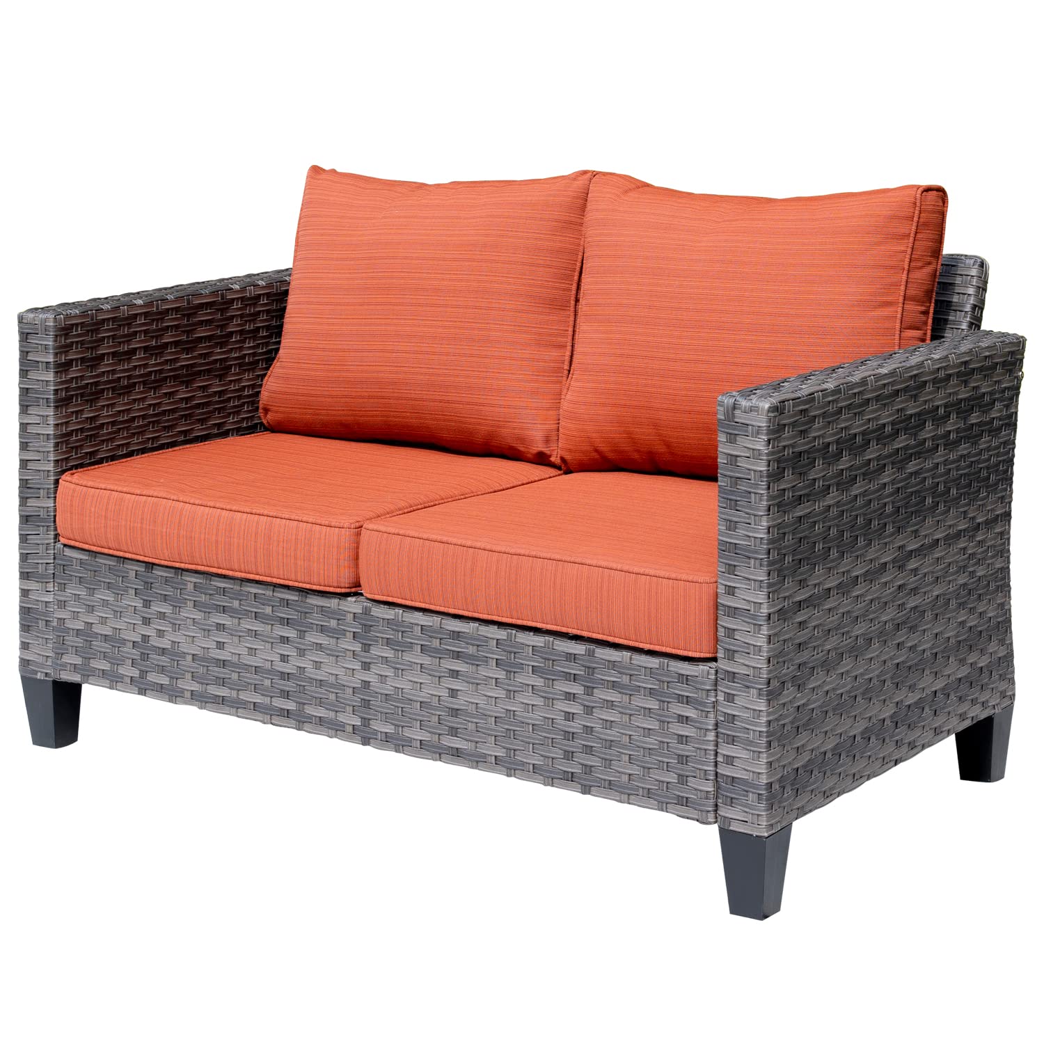 ovios Patio Sofa Loveseat, 2-Seater Outdoor Wicker Rattan Sofa Couch, All Weather High Back Deep Seat Patio Seating with Comfy Cushions for Porch Garden Deck, Orange Red