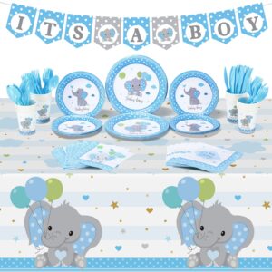 171 pcs elephant theme baby shower decorations for boys it's a boy banners blue plate napkins cups disposable forks tableware tablecloth elephant decorations set for girl birthday party, serves 24