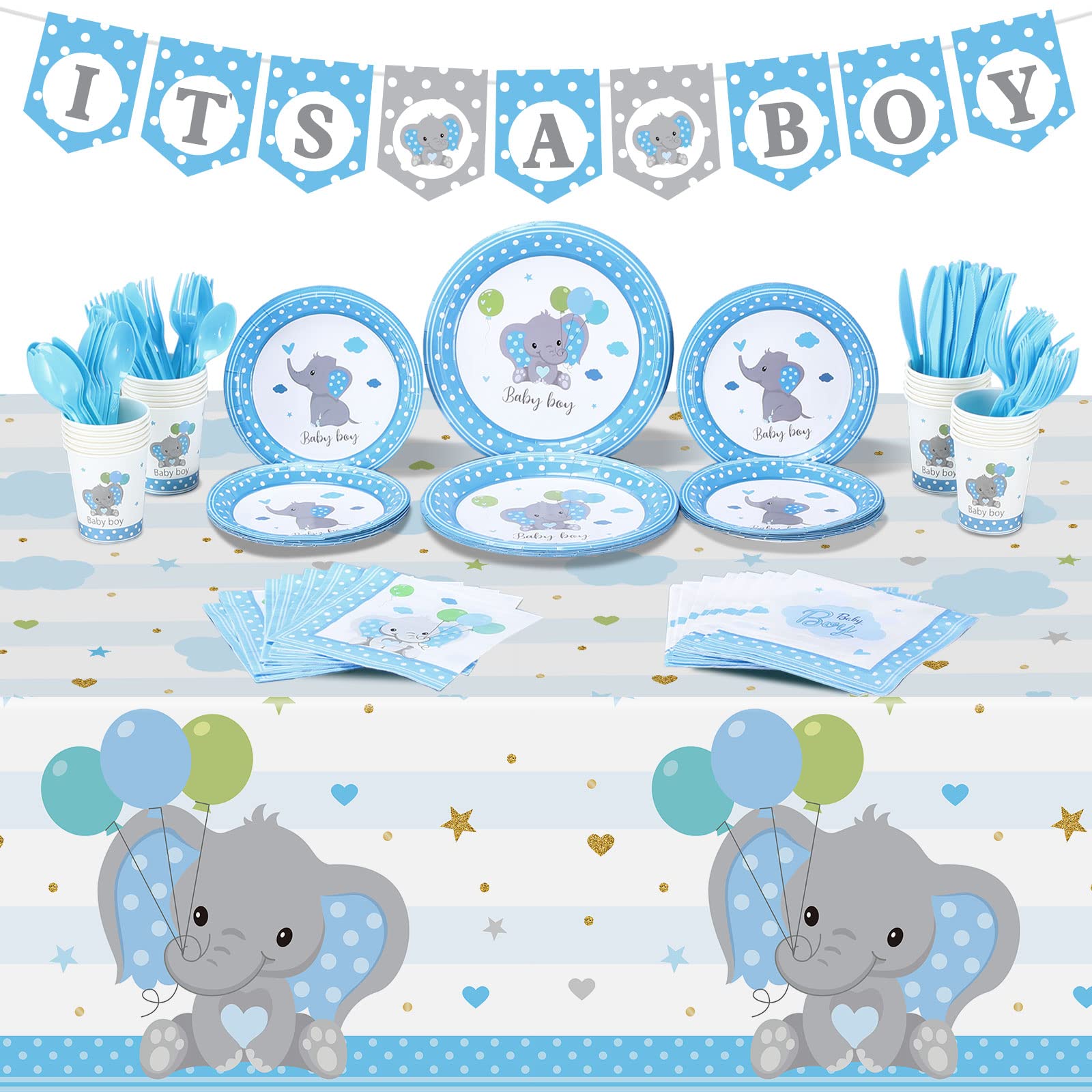 171 Pcs Elephant Theme Baby Shower Decorations for Boys It's a Boy Banners Blue Plate Napkins Cups Disposable Forks Tableware Tablecloth Elephant Decorations Set for Girl Birthday Party, Serves 24