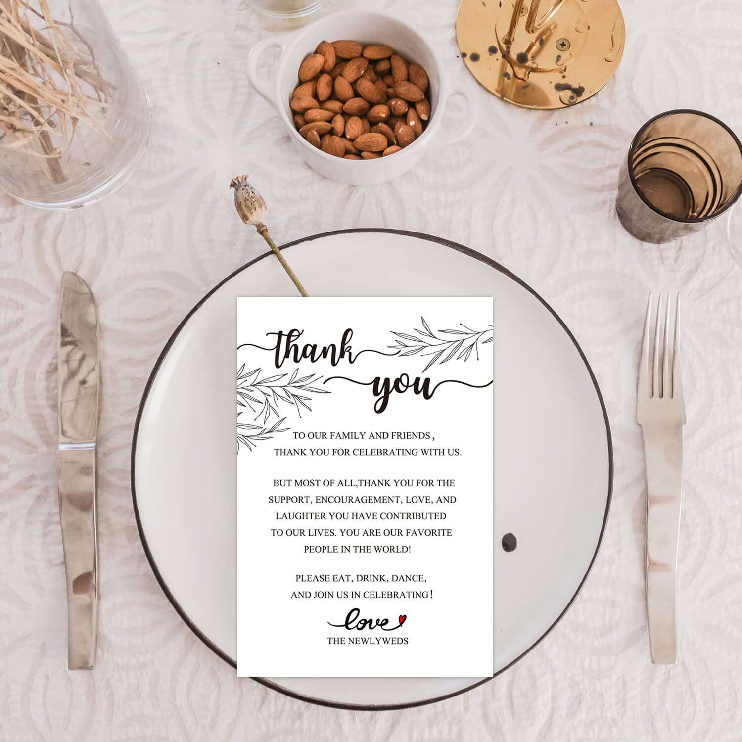 EKSPLODI 50 Wedding Thank You Place Setting Cards, Wedding Reception Thank You Cards, Table Centerpieces and Wedding Decorations, Bridal, Engagement, Anniversary, 4x6