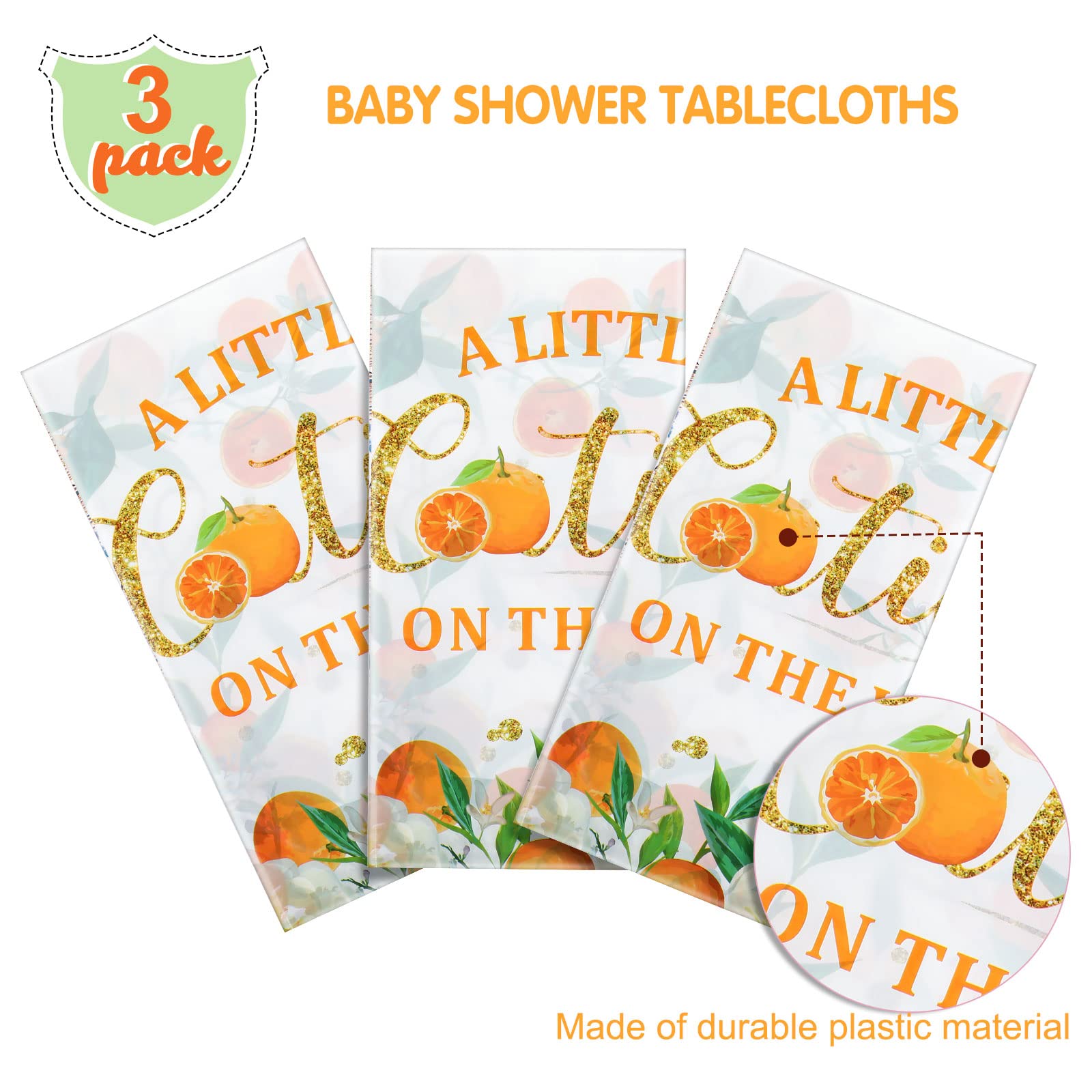 Little Cutie Tablecloth Orange Fruit Party Supplies Little Cutie is on The Way Disposable Plastic Table Cover for Citrus Baby Shower Birthday Tangerine Party Decoration, 54 x 108 Inches (3 Pack)