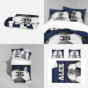 XIUCOO Personalized Soccer Ball Blue Duvet Cover Sets with Name Bedding Set 3 Pcs Quilt Cover with Zipper for Adult Birthday Gift,Queen Size