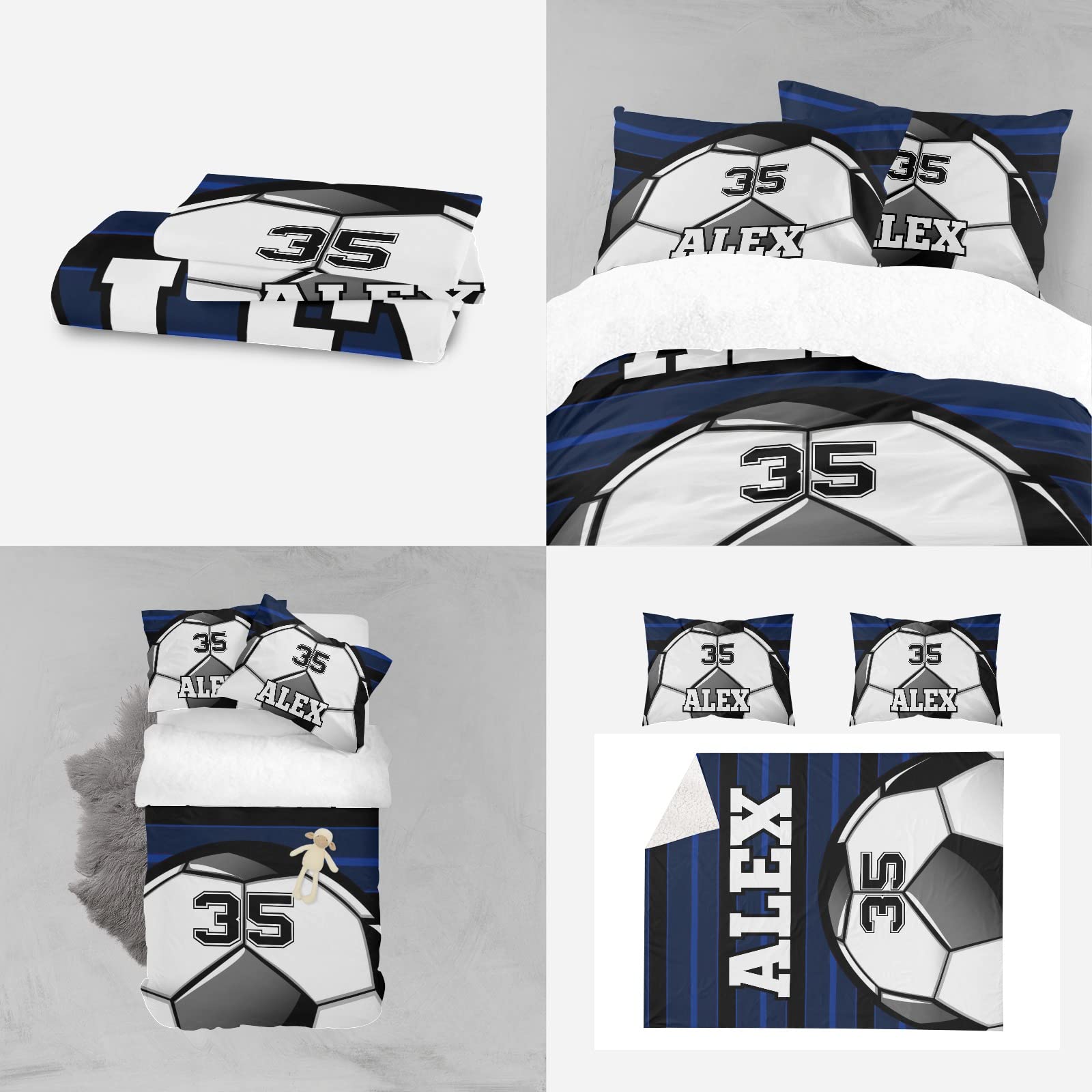 XIUCOO Personalized Soccer Ball Blue Duvet Cover Sets with Name Bedding Set 3 Pcs Quilt Cover with Zipper for Adult Birthday Gift,Queen Size