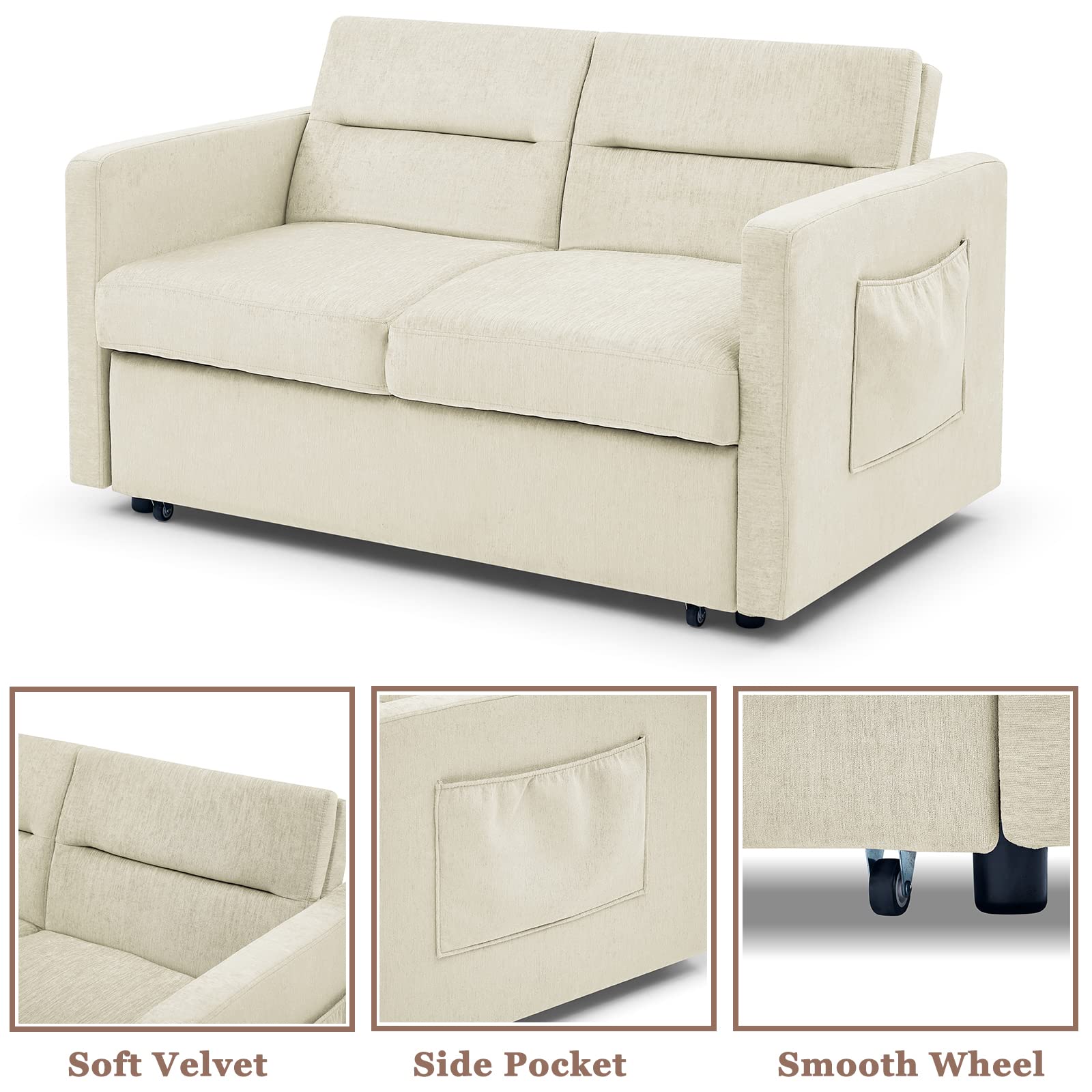 Antetek 3 in 1 Convertible Sleeper Sofa Bed, 54.5-inch Modern Loveseat Couch with Pull-Out Bed, Small Love seat Sofa Bed with Reclining Backrest & Side Pocket for Living Room, Beige