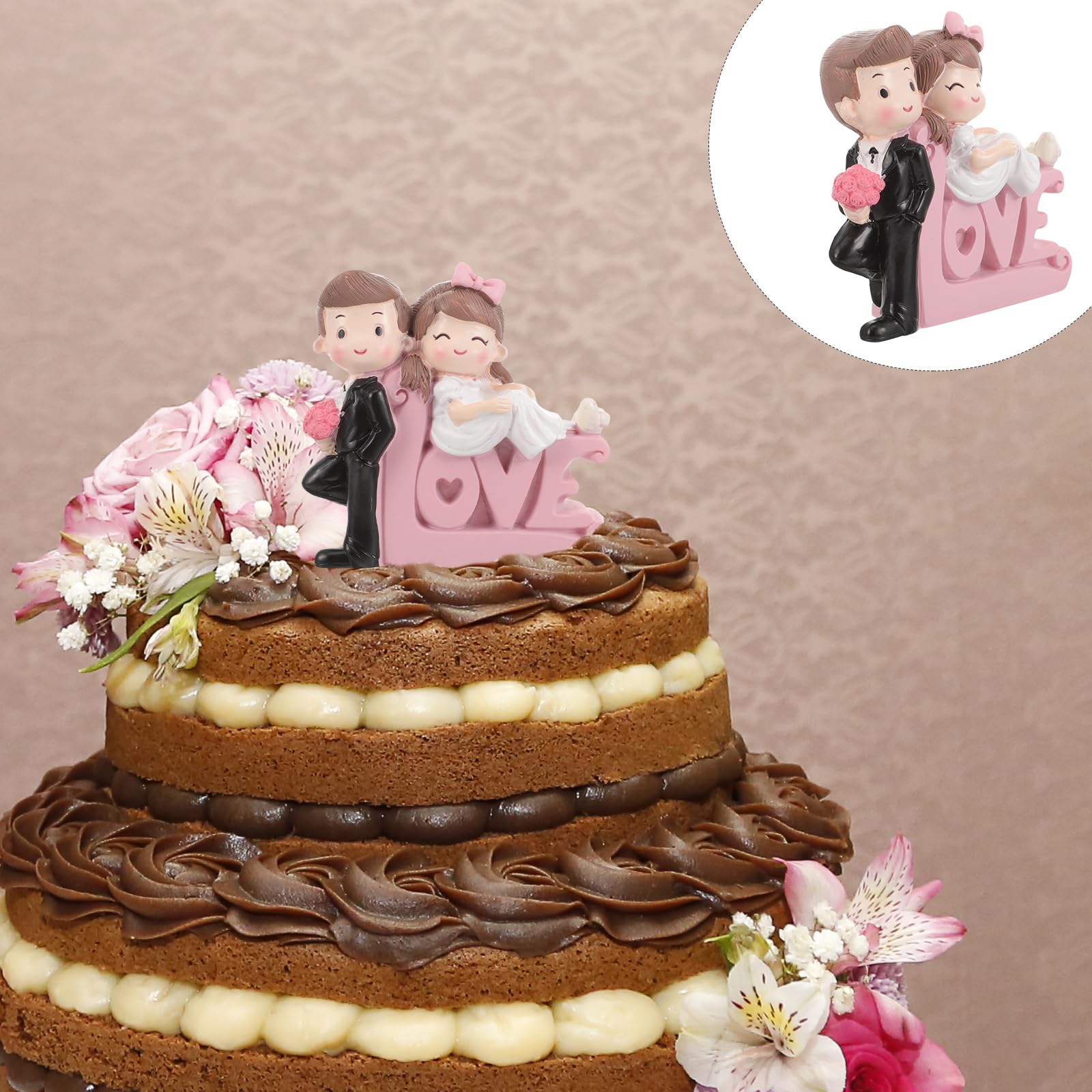 Veemoon Cartoon Doll Cake Topper Wedding Cake Topper Bride and Groom Figurine Romantic Loving Couple Statue Marriage Anniversary Valentines Day Party Decoration Brown