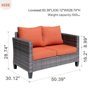 ovios Patio Sofa Loveseat, 2-Seater Outdoor Wicker Rattan Sofa Couch, All Weather High Back Deep Seat Patio Seating with Comfy Cushions for Porch Garden Deck, Orange Red