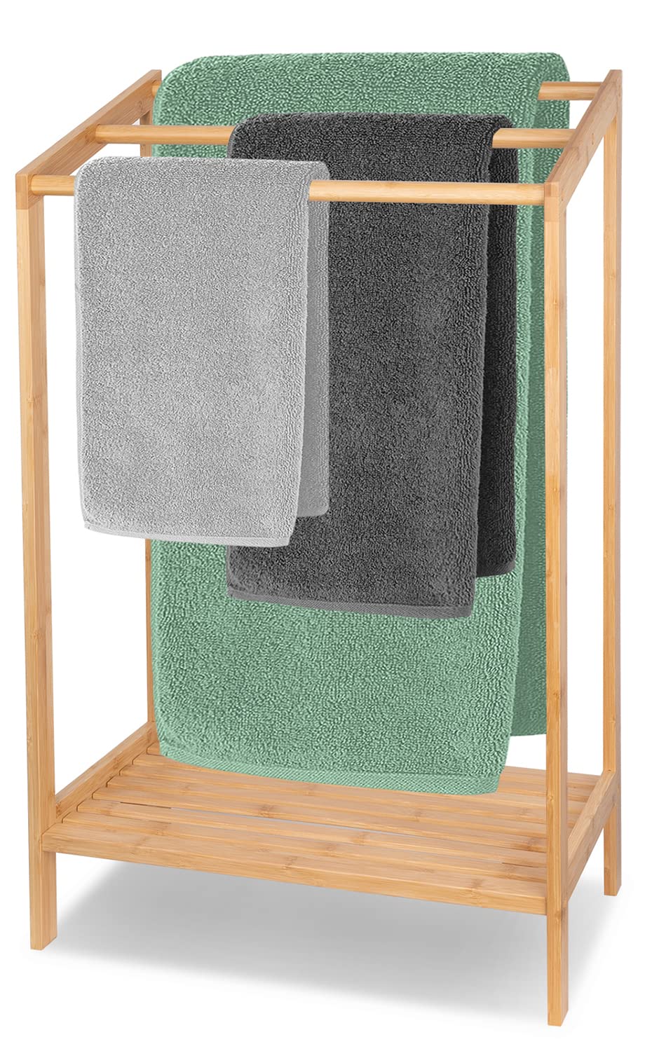 Purbambo Bamboo Towel Rack for Bathroom, 3 Tier Freestanding Towel Holders with Bottom Storage Shelf for Hand Towel, Washcloth, Facecloth, Small Bath Towel and Bathrobe