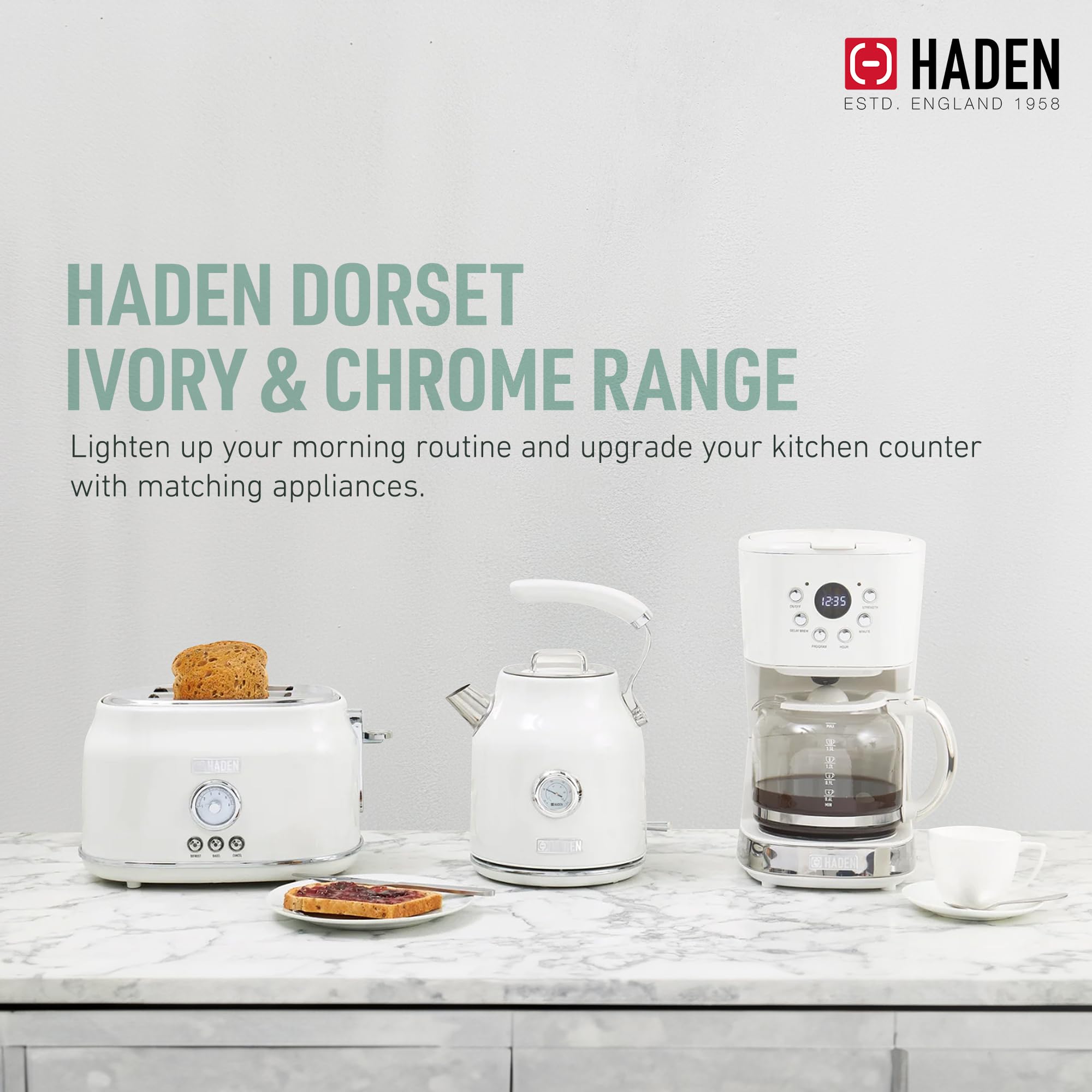 Haden Dorset 1.7 Liter Cordless Electric Kettle with Auto Shut Off for Kitchen, Small Appliances, Counter, and Apartments, Ivory/Chrome