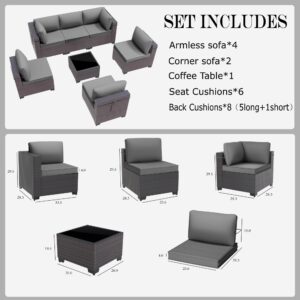 Gotland 7-Piece Outdoor Patio Furniture Set - All-Weather PE Rattan Sectional Wicker with Replaceable Grey Waterproof Cushions & Coffee Table