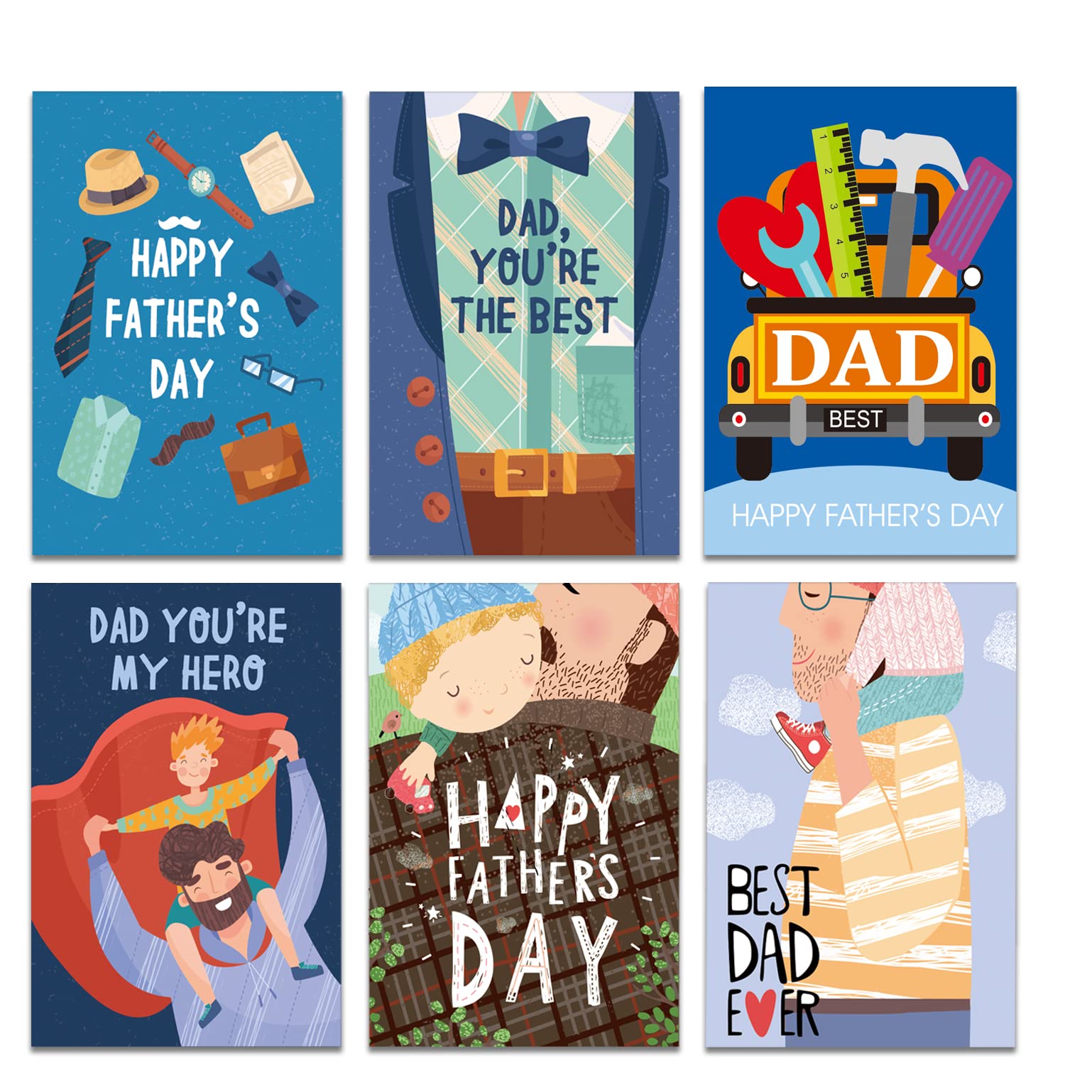 Doumeny 24 Sets Happy Father's Day Greeting Cards with Envelopes 6 Assortment Father Day Note Cards Best Dad Ever Paper Gift Cards Father's Day Message Blank Cards for Father Party Birthday Wrapping