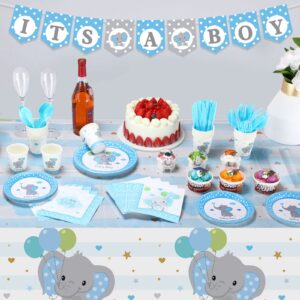 171 Pcs Elephant Theme Baby Shower Decorations for Boys It's a Boy Banners Blue Plate Napkins Cups Disposable Forks Tableware Tablecloth Elephant Decorations Set for Girl Birthday Party, Serves 24