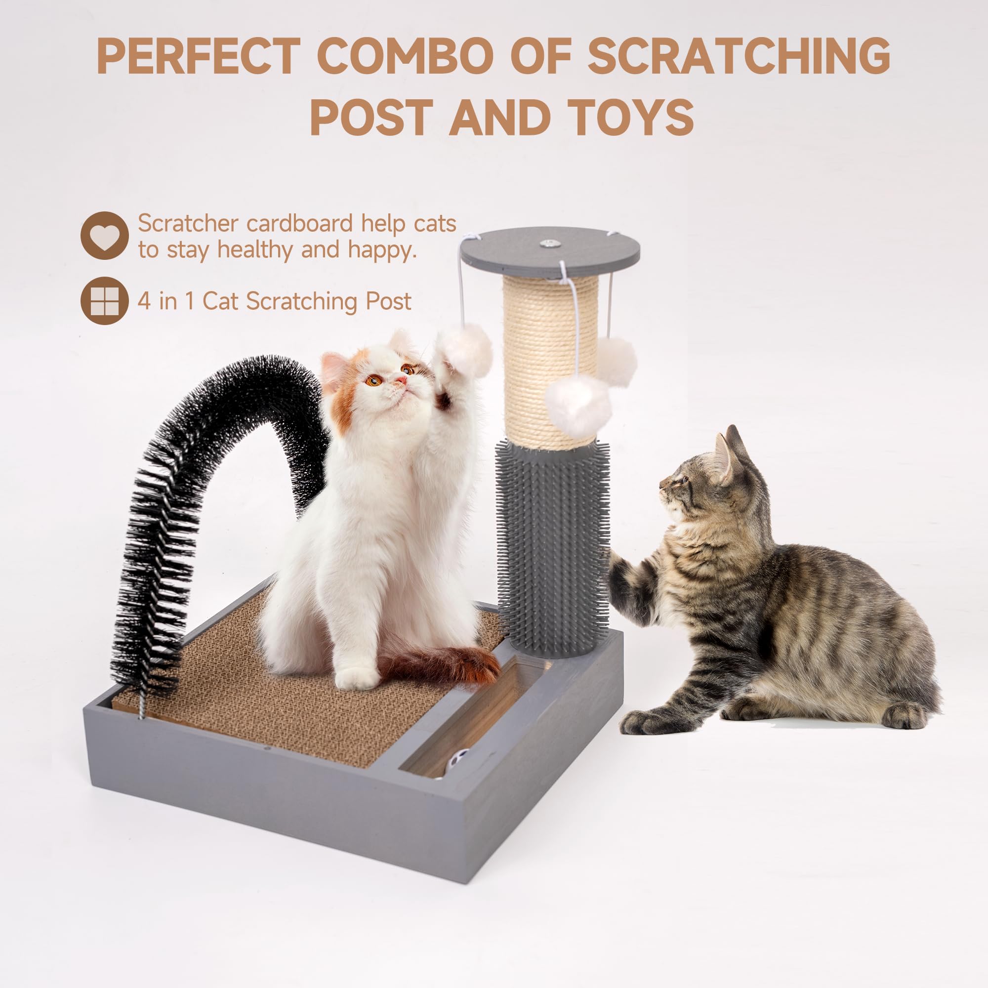 Cat Scratching Post with Cat Tower Tree and Cats Arch Self Groomer Massager Brush Kitty Ball Toys for Kittens,Cat Posts and Scratchers for Indoor Pets,Interactive Toy with Ball Track Spring Ball…