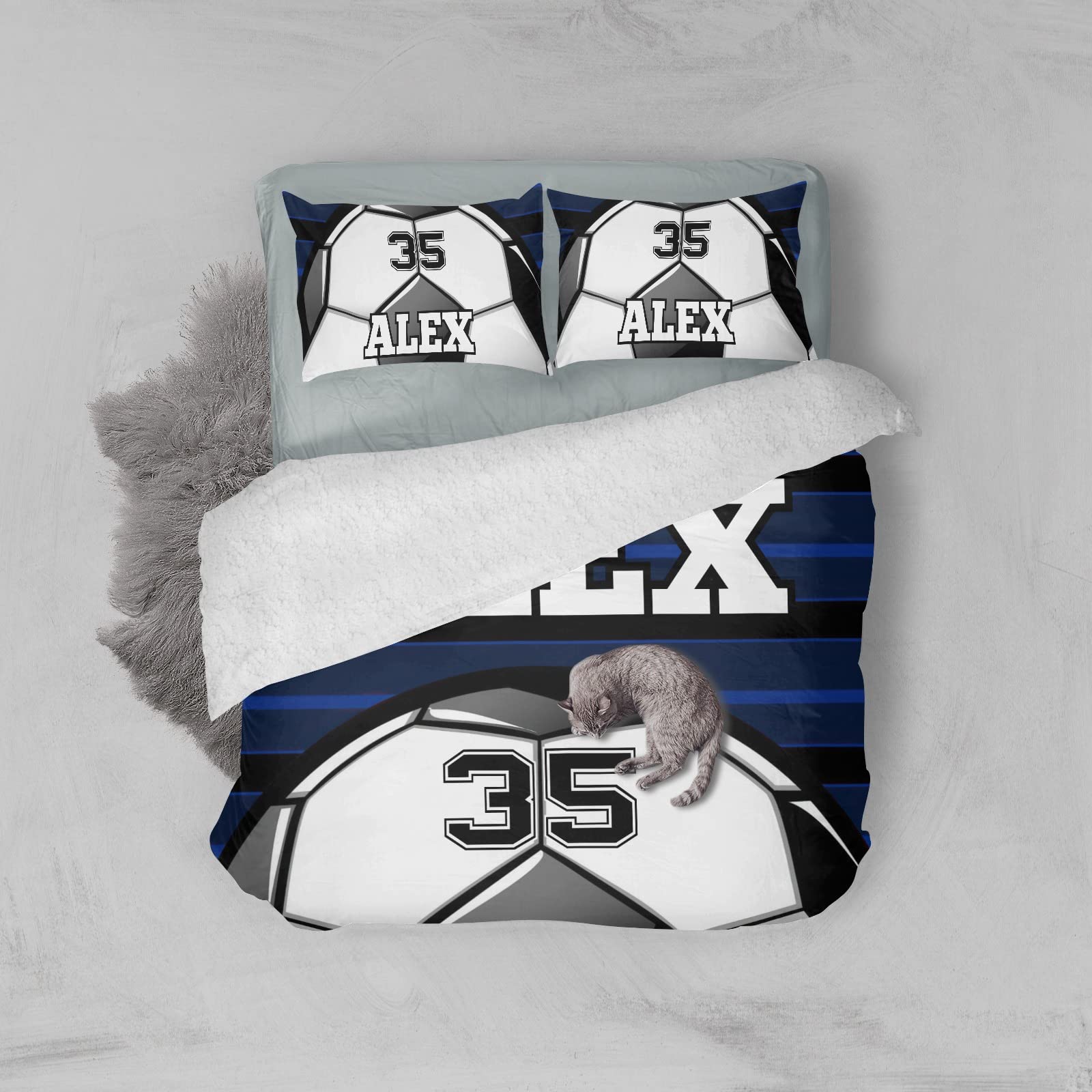 XIUCOO Personalized Soccer Ball Blue Duvet Cover Sets with Name Bedding Set 3 Pcs Quilt Cover with Zipper for Adult Birthday Gift,Queen Size