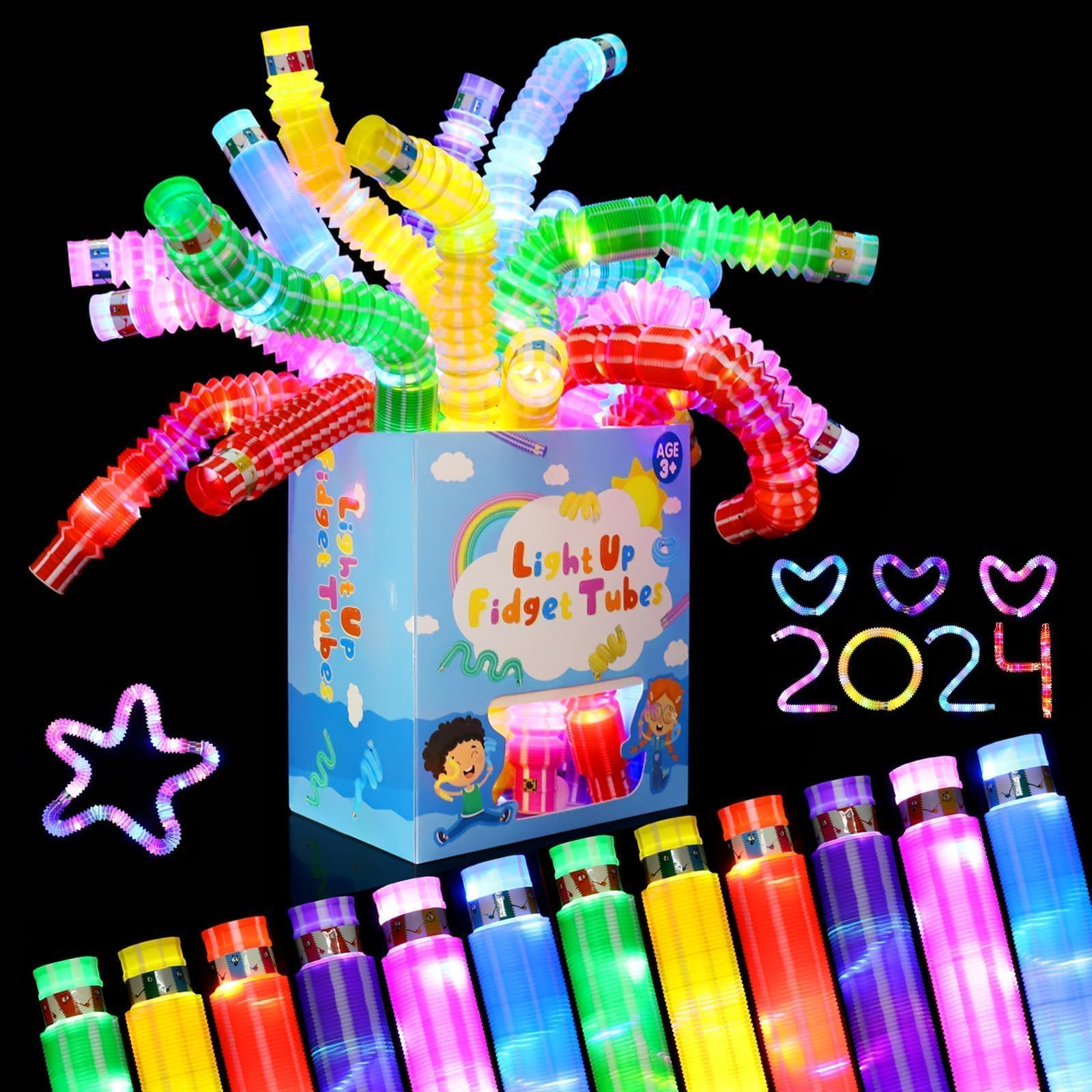 24 Pcs Glow Sticks Party Favors for Kids,Light Up Tubes Fidget Toys,Glow in The Dark Party Supplies Camping Toys, LED Bracelet Necklace Christmas Goodie Bag Stuffers Birthday Return Gifts