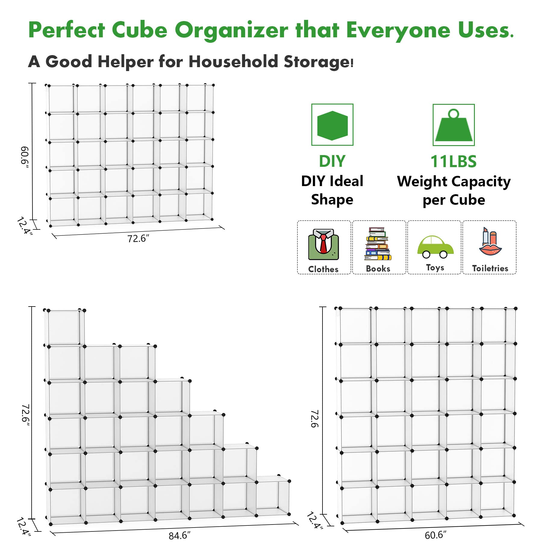 C&AHOME Cube Storage Organizer, 30-Cube Shelves Units, Closet Cabinet, DIY Plastic Modular Book Shelf, Ideal for Bedroom, Living Room, Office, 60.6" L x 12.4" W x 72.6" H Transparent White UPCS30W