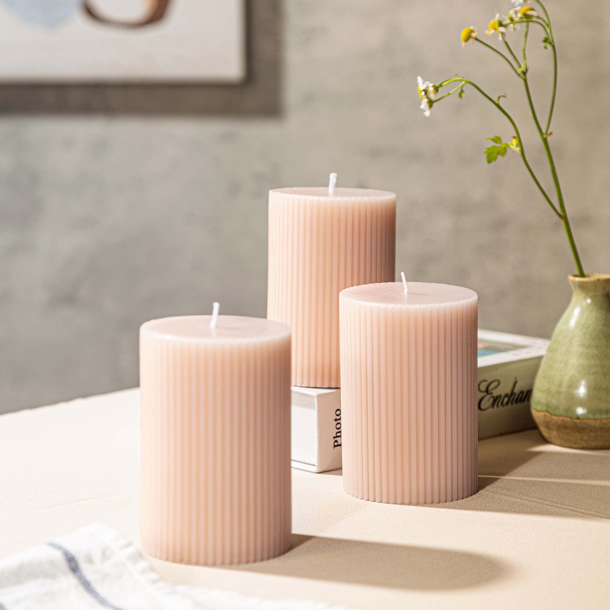 3-Pack Pink Beige Ribbed Pillar Candles Unscented, 2.75x4 Inches Whisper Pink Beige Candles Handmade, Aesthetic Decorative Textured Candle Set for Home Décor