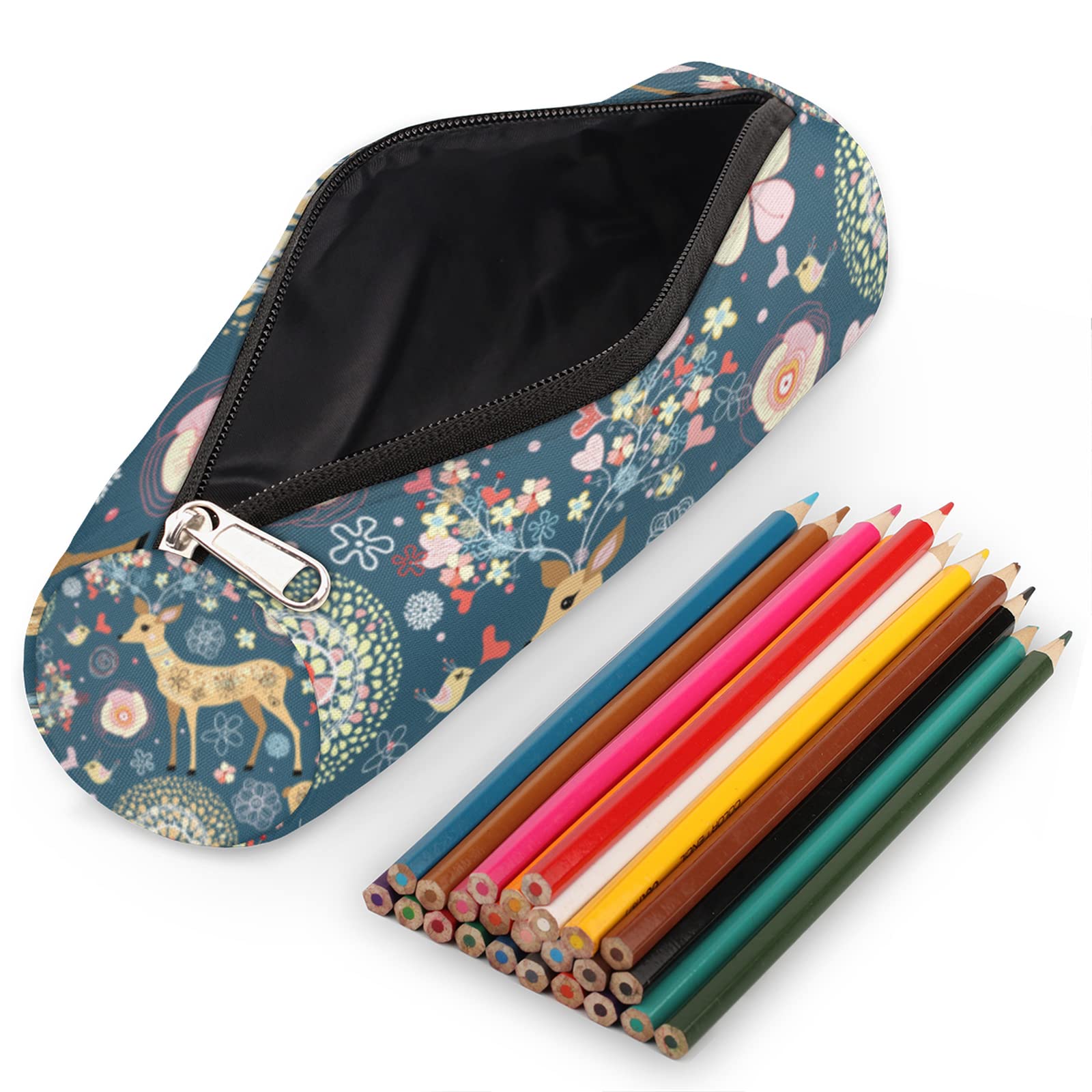 Flower Deer Bird Canvas Pencil Case for Pen Pouch Bag, Durable Compact with Zipper Round Pencil Case, Stationery Organizer Bag Purse for Kids Girls Boys School Adults Office