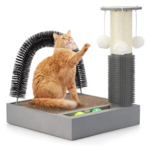 cat scratching post with cat tower tree and cats arch self groomer massager brush kitty ball toys for kittens,cat posts and scratchers for indoor pets,interactive toy with ball track spring ball…