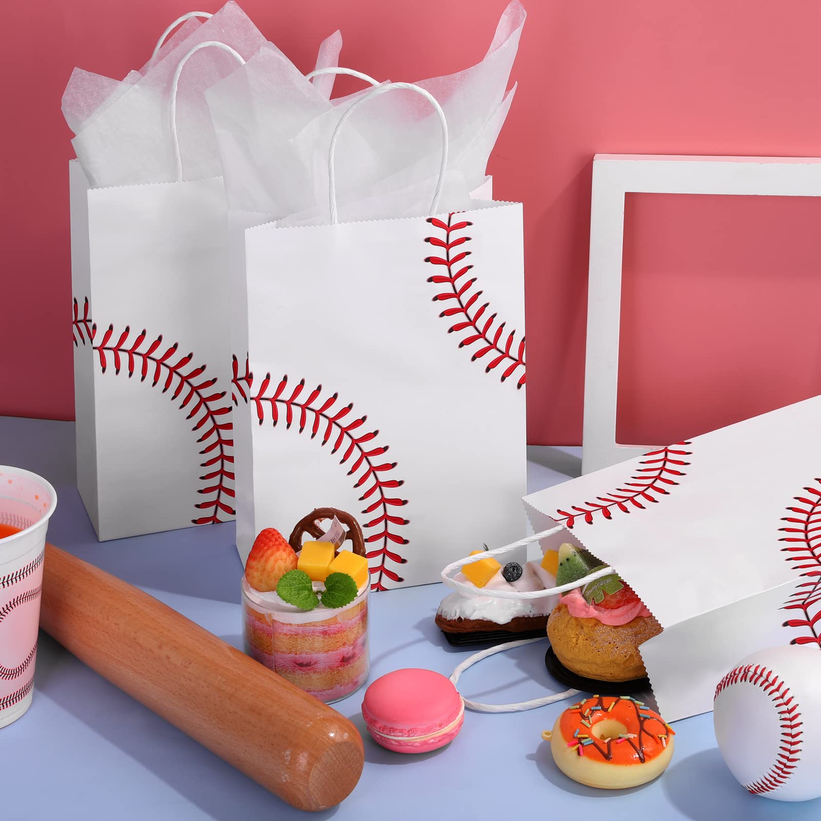 durony 16 Pieces Baseball Party Favor Bags with Handles Tissue Paper Baseball Gift Paper Bags Goodie Candy Treat Bags for Birthday, Baseball Themed Party Supplies (8.6 x 6.2 x 3.1 Inches)