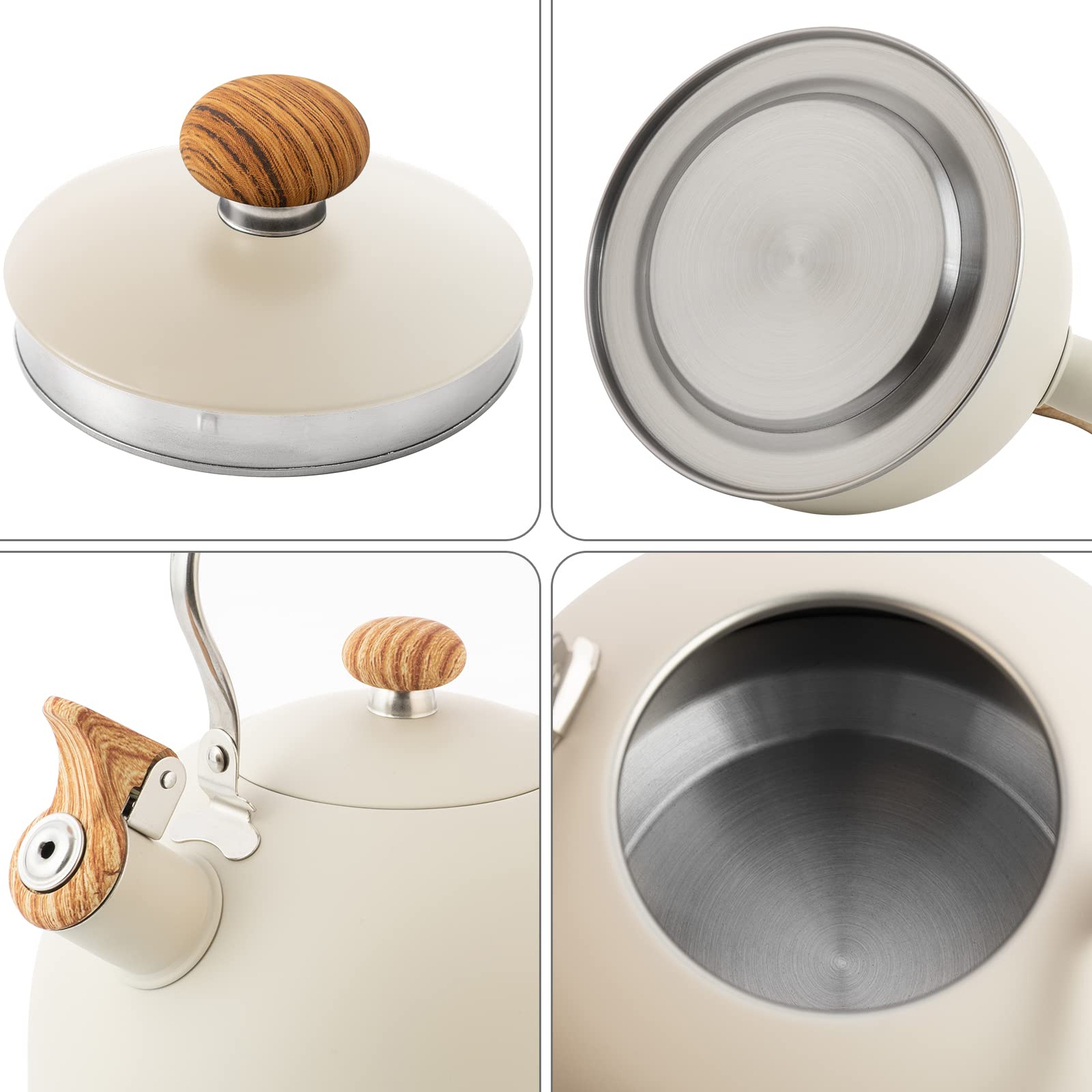 2.6 Quart/2.5 L Whistling Tea Kettles with Wood Grain adjustment Nylon Handle, Capsule Base Tea Kettle, White (White)