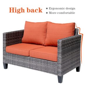 ovios Patio Sofa Loveseat, 2-Seater Outdoor Wicker Rattan Sofa Couch, All Weather High Back Deep Seat Patio Seating with Comfy Cushions for Porch Garden Deck, Orange Red