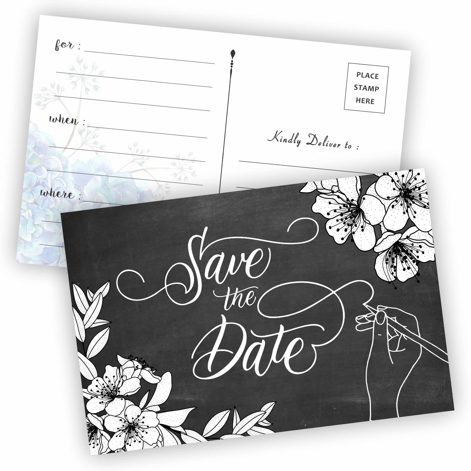 PARTH iMPEX Save The Date Postcards - (Pack of 50) 4" x 6" with Mailing Side for Wedding Engagement Anniversary Bridal Baby Shower Birthday Invitation Event Reminder Cards - Chalkboard