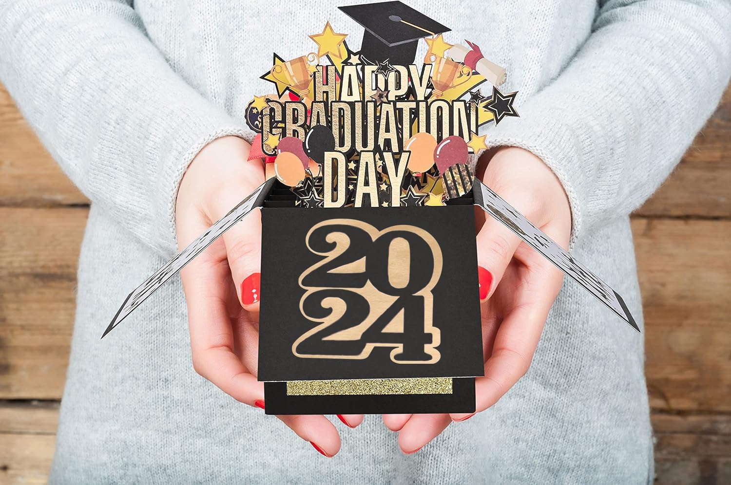 POPGIFTU 2024 Graduation Pop Up Card, Black Gold Pop Up Congrats Grad 2024 Greeting Card with Envelope, Congratulations Graduation Gifts for 2024 High School College University Graduates