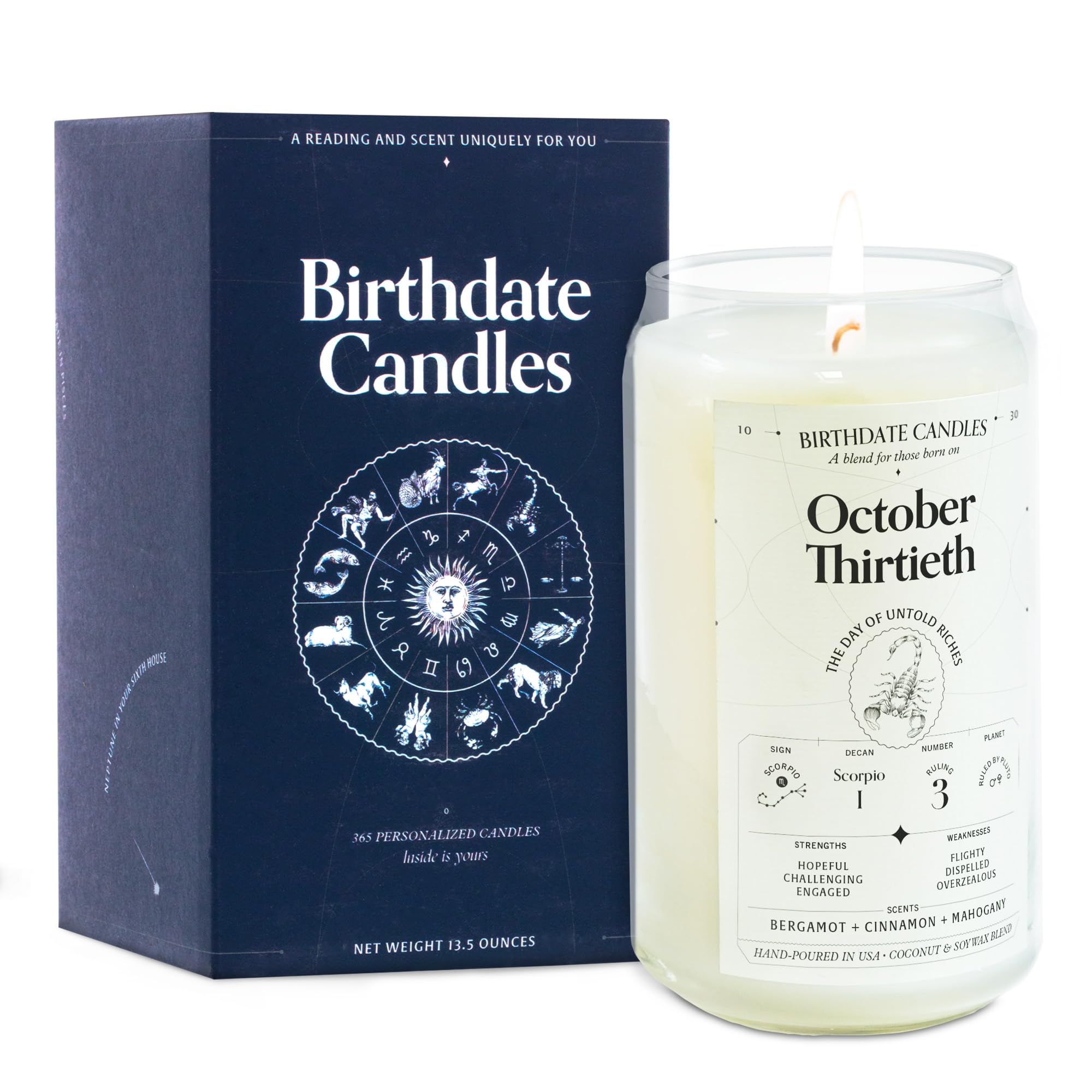 Birthdate Candles, October 30 - Scorpio Zodiac Scented Candles Birthday Gift - Bergamot, Cinnamon & Mahogany Scent - All-Natural Soy & Coconut Wax, 60-80 Hour Burn Time - Made in USA