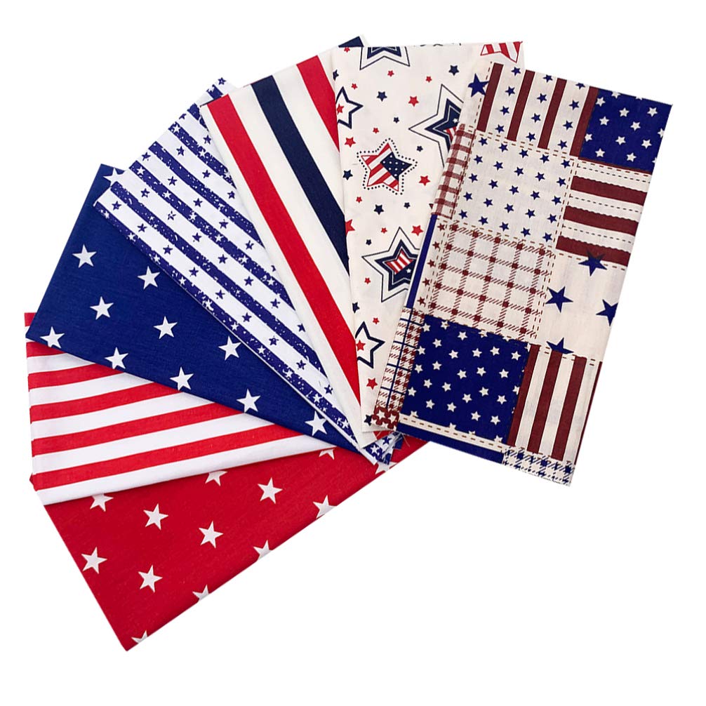 American Flag Cotton Fabric Patchworks: 7pcs Quilting Independence Stripe US Flag Sewing Fabrics Patriotic Decoration for Independence Day 25x25cm