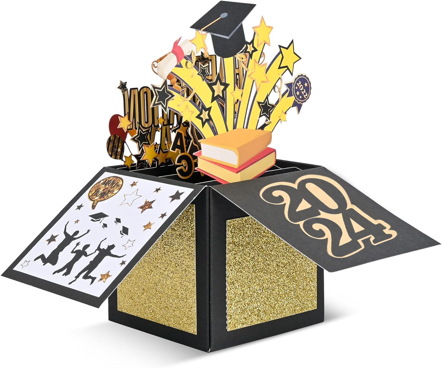 POPGIFTU 2024 Graduation Pop Up Card, Black Gold Pop Up Congrats Grad 2024 Greeting Card with Envelope, Congratulations Graduation Gifts for 2024 High School College University Graduates