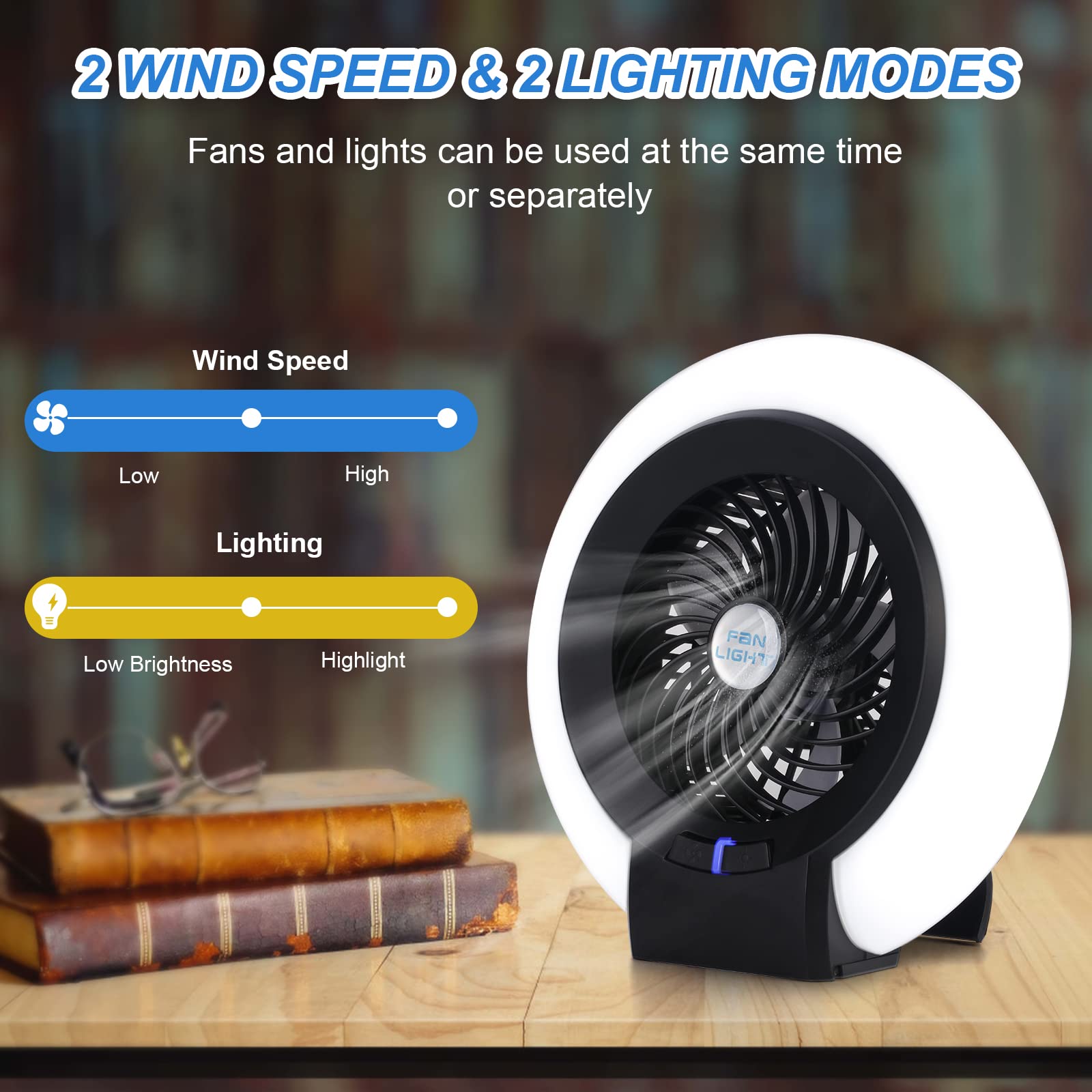 Camping Fan Light , Portable Camping Lantern with Fan ,Rechargeable Multi-Use Camping Fan with Built-in 21 High-Brightness White Lights for Tents, Hiking, Home, Office