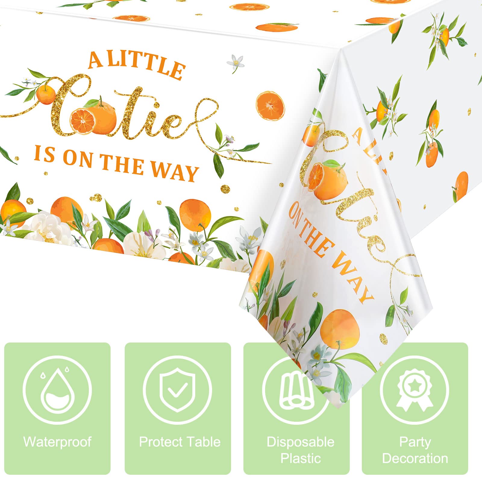 Little Cutie Tablecloth Orange Fruit Party Supplies Little Cutie is on The Way Disposable Plastic Table Cover for Citrus Baby Shower Birthday Tangerine Party Decoration, 54 x 108 Inches (3 Pack)