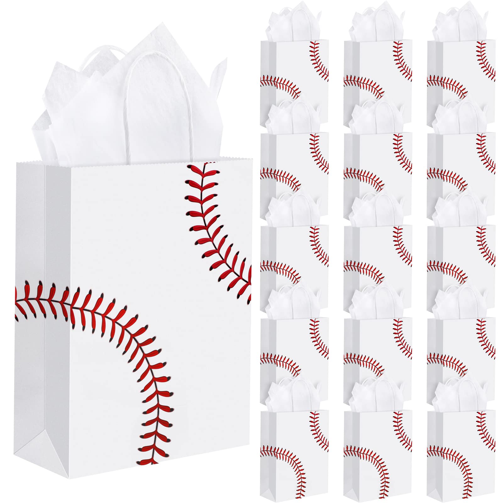 durony 16 Pieces Baseball Party Favor Bags with Handles Tissue Paper Baseball Gift Paper Bags Goodie Candy Treat Bags for Birthday, Baseball Themed Party Supplies (8.6 x 6.2 x 3.1 Inches)