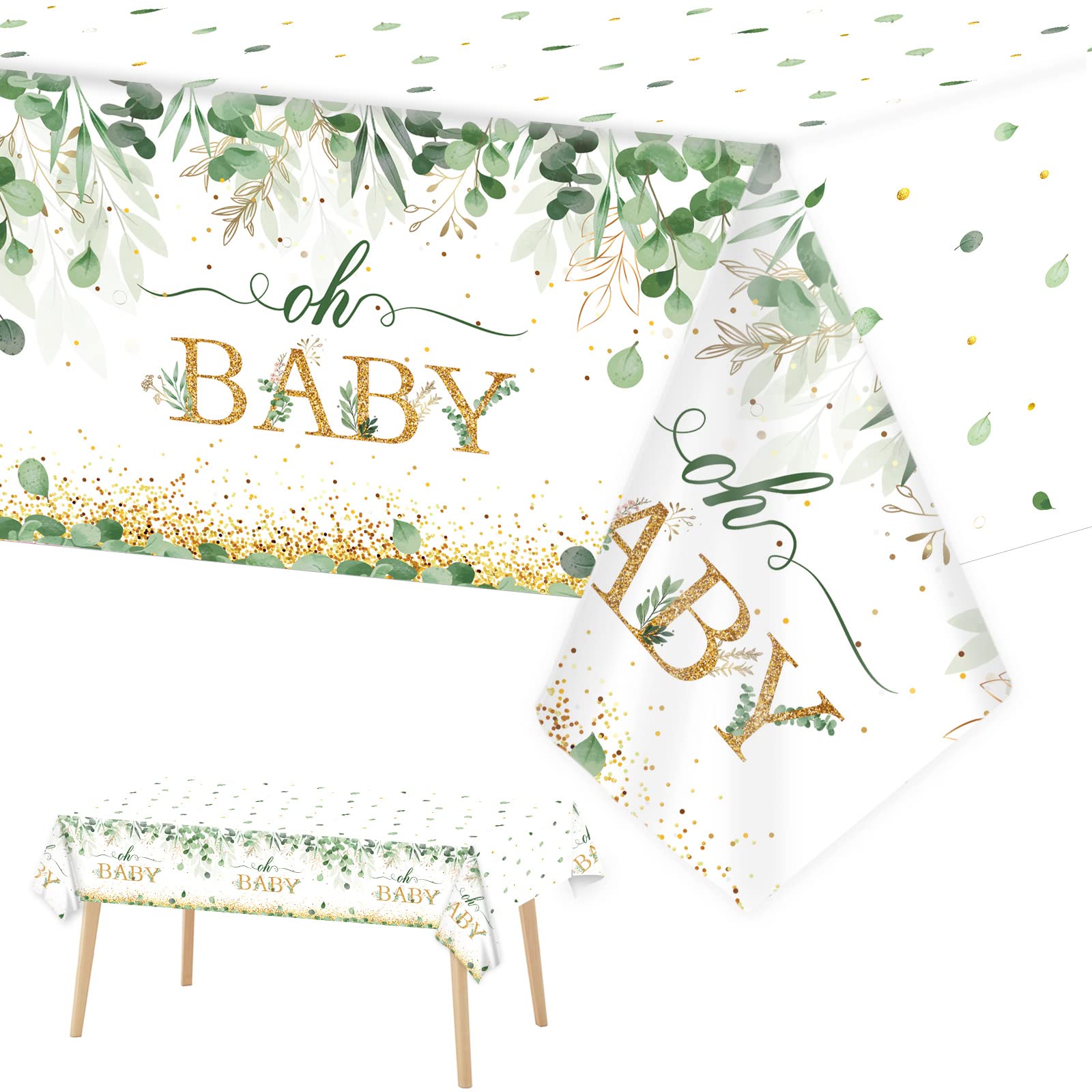 3 Pieces Sage Greenery Oh Baby Tablecloths for Baby Shower Party Decorations Plastic Disposable Gold Foil Eucalyptus Leaf Table Covers for Rectangle Tables Sage Boho Woodland Neutral Party Supplies