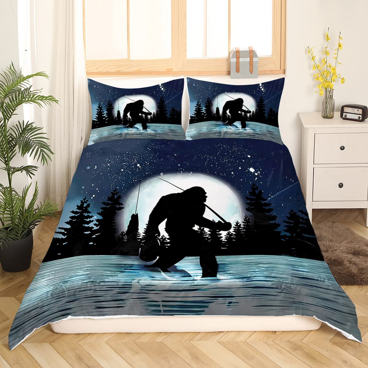 SATIGI Bigfoot Galaxy Moon Bedding Set Bigfoot Bed Set Twin Queen for Children Adult Teens Girls Boys Soft Microfiber Breathable Bigfoot Comforter Cover (Bigfoot Design 01, Twin/Full/Queen/King)