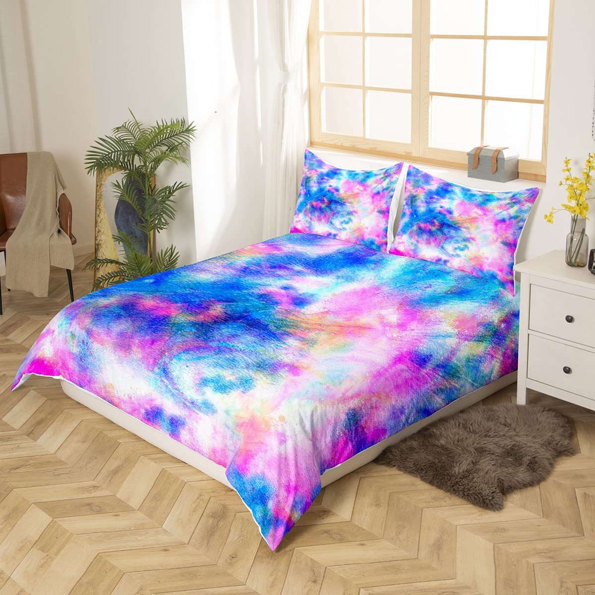 Tie Dyed Bedding Set Boho Tie Dye Comforter Cover for Kids Boys Girls Teens Hippie Dreamy Blue Pink Purple Duvet Cover Breathable Psychedelic Bohemian Gypsy Bedspread Cover Quilt Cover 3Pcs Full