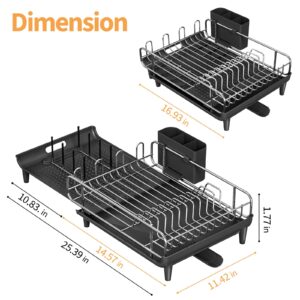 TOOLF Expandable Dish Drying Rack - Extendable Dish Rack for Kitchen Counter, Large Collapsible Countertop Dish Drainer with Pan & Pot Holder, Stainless Steel Dish Strainer with Cup & Utensil Holder