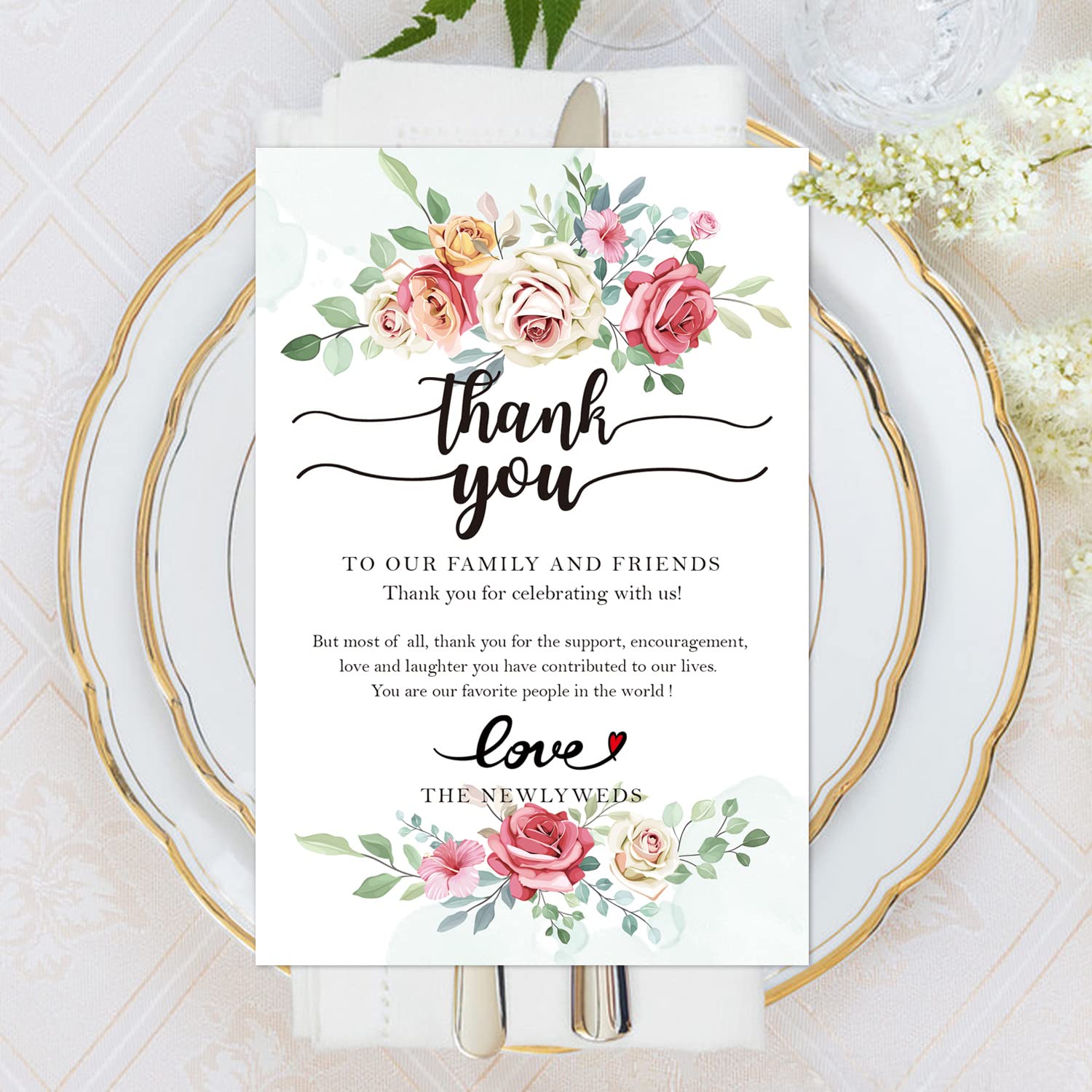 EKSPLODI 50 Wedding Thank You Place Setting Cards, Greenery Wedding Reception Thank You Cards, Table Centerpieces and Wedding Decorations, Bridal, Engagement, Anniversary, 4x6