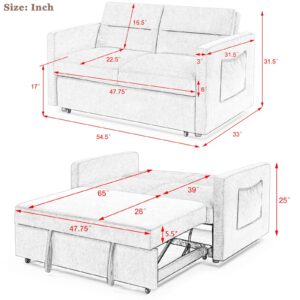 Antetek 3 in 1 Convertible Sleeper Sofa Bed, 54.5-inch Modern Loveseat Couch with Pull-Out Bed, Small Love seat Sofa Bed with Reclining Backrest & Side Pocket for Living Room, Beige