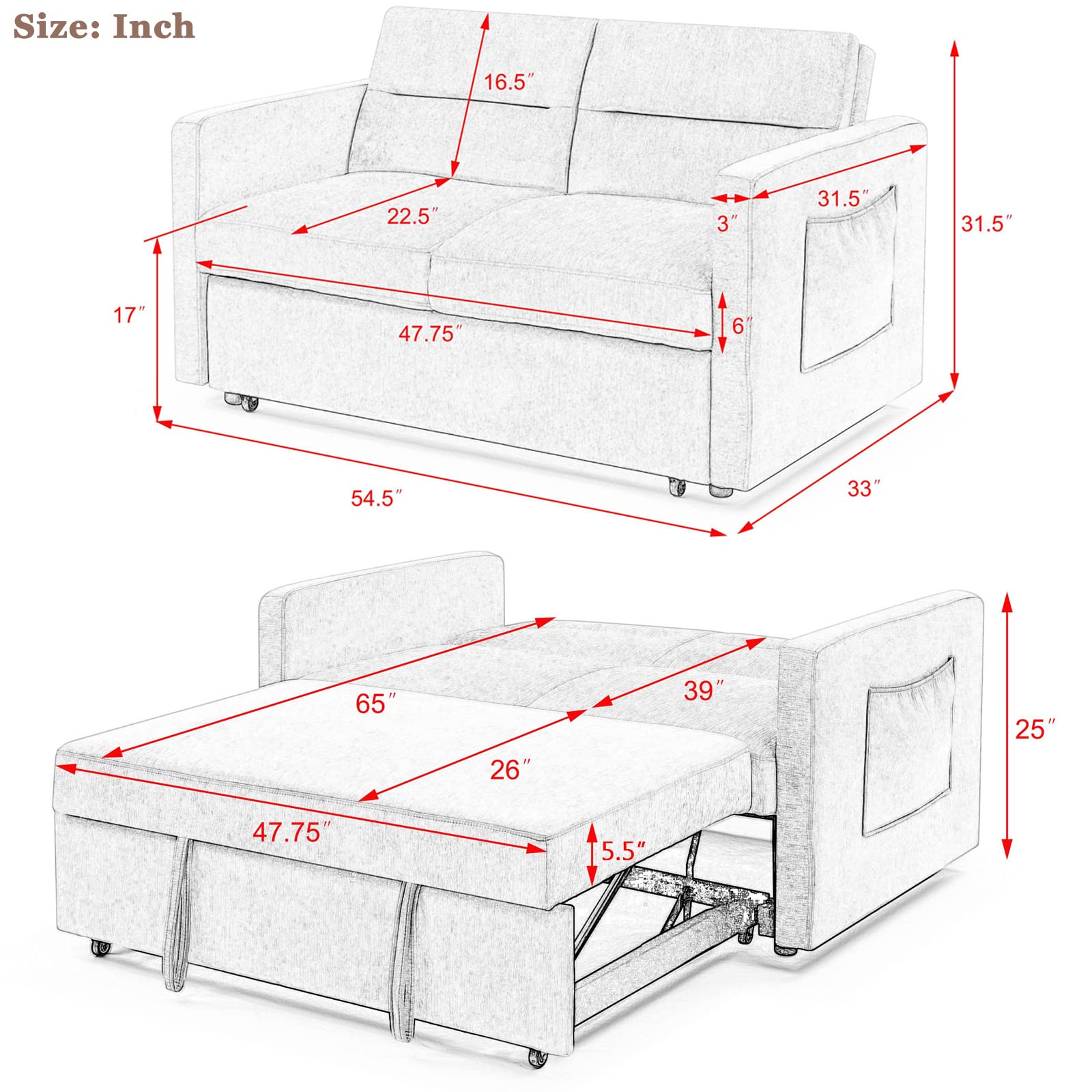 Antetek 3 in 1 Convertible Sleeper Sofa Bed, 54.5-inch Modern Loveseat Couch with Pull-Out Bed, Small Love seat Sofa Bed with Reclining Backrest & Side Pocket for Living Room, Beige