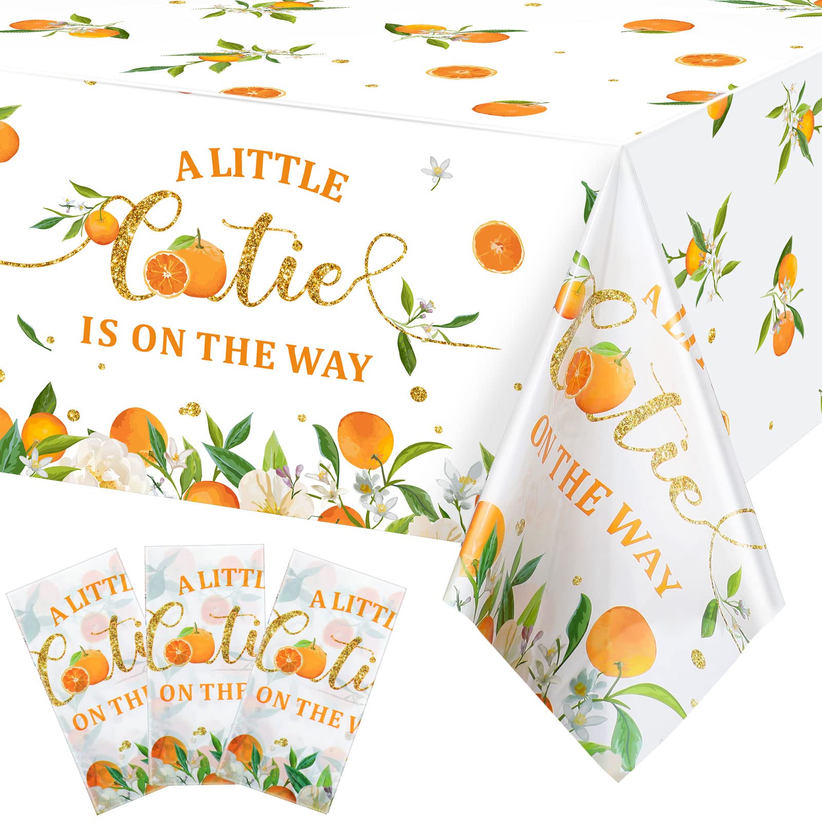 Little Cutie Tablecloth Orange Fruit Party Supplies Little Cutie is on The Way Disposable Plastic Table Cover for Citrus Baby Shower Birthday Tangerine Party Decoration, 54 x 108 Inches (3 Pack)