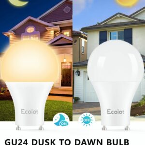 Ecoiot GU24 Dusk to Dawn Outdoor Light Bulbs,Light Sensor A19 LED Bulbs,Photocell Sensor, Automatic On/Off for Indoor/Outdoor Security Lighting,10Watt(90Watt Equivalent),2700K Soft White,4 Pack