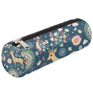 flower deer bird canvas pencil case for pen pouch bag, durable compact with zipper round pencil case, stationery organizer bag purse for kids girls boys school adults office